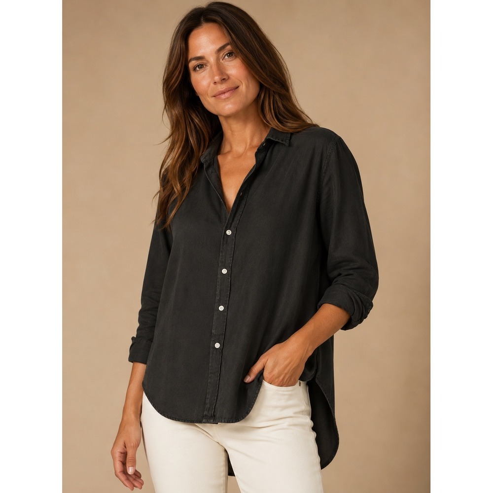 Frank & Eileen Grayson Button Up Shirt High Low Curved Hemline Black Sz M